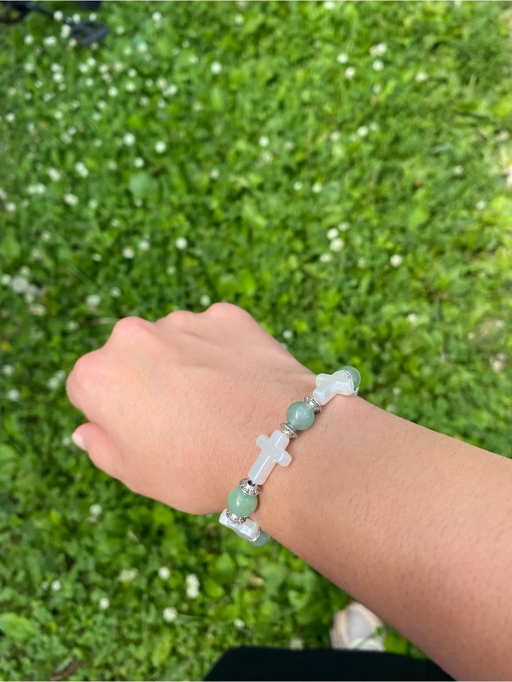 White Cross & Green Beaded Bracelet | From Sea to Country